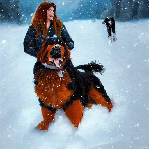 Image similar to girl riding giant Bernese Mountain Dog in the snow, trending on artstation