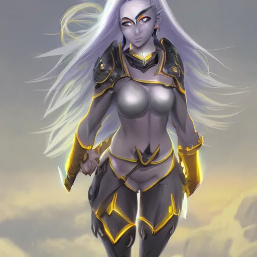 Image similar to a night elf girl with grey skin, yellow eyes and hair, ponytail, wearing armor, highly detailed, digital painting, artstation, matte, by makoto shinkai, animation style