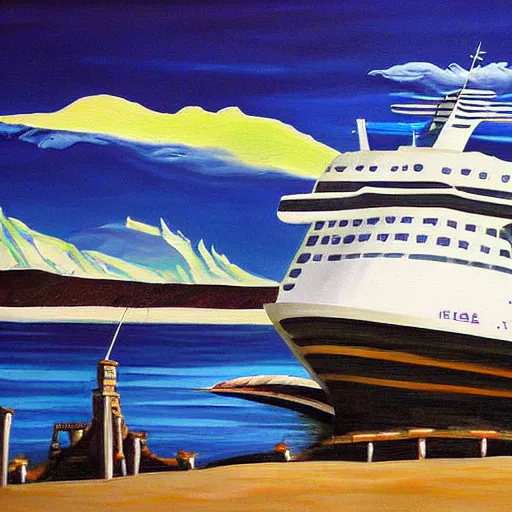 Image similar to an awesome painting with cruise ship by peter klasen