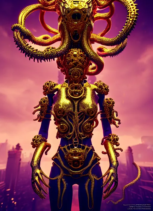 Prompt: a photo of 8 k ultra realistic corrupted lovecraftian golden humanoid queen standing next to a pink and blue solarpunk city, 8 intricate white and gold tentacles, ornate white and gold armour, cinematic lighting, trending on artstation, 4 k, hyperrealistic, focused, extreme details, unreal engine 5, cinematic, masterpiece