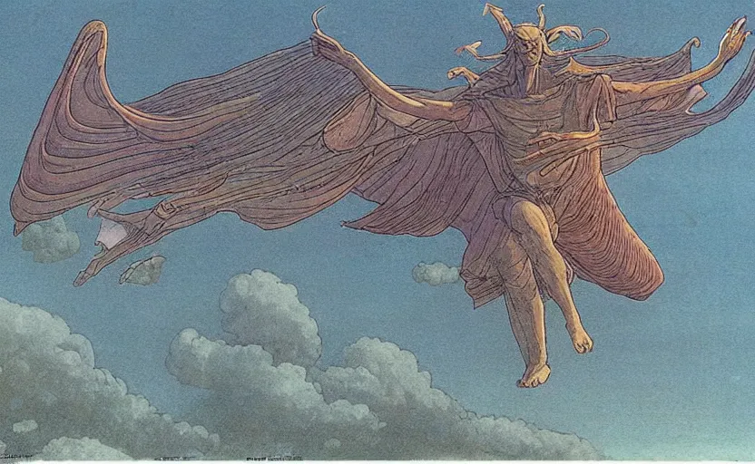 Image similar to anunnaki on a nimbus cloud, by moebius,