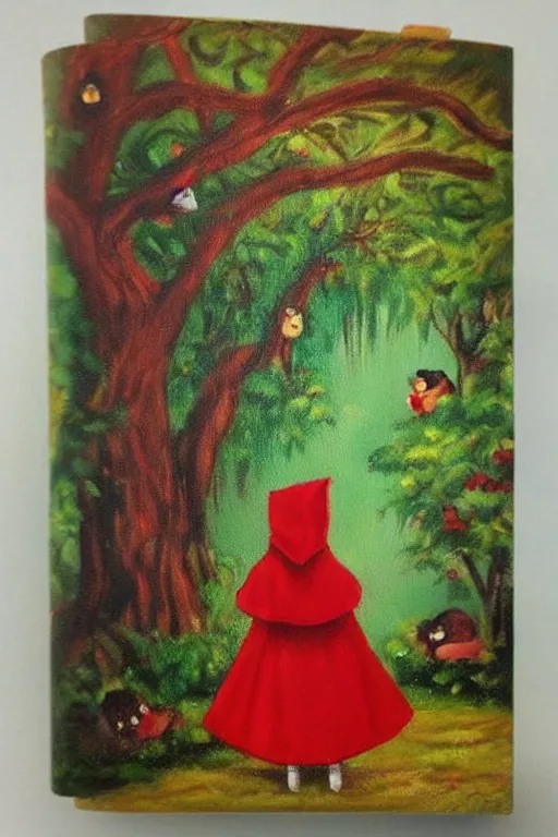 Prompt: beautiful oil painting storybook forest of little red riding hood