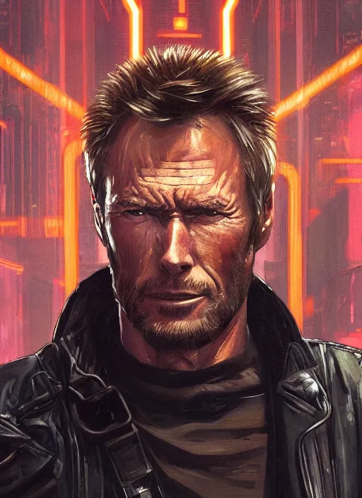 Prompt: clint eastwood. cyberpunk mercenary in a cyberpunk jumpsuit ( blade runner 2 0 4 9, cyberpunk 2 0 7 7 ). orientalist portrait by john william waterhouse and james gurney and theodore ralli and nasreddine dinet, oil on canvas. cinematic, hyper realism, realistic proportions, dramatic lighting, high detail 4 k