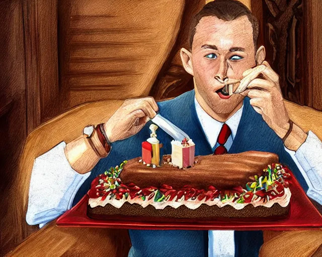 Image similar to Forrest gump eating a cake in hogwarts, digital art, highly detailed, in the style of Jeszika Le Vye