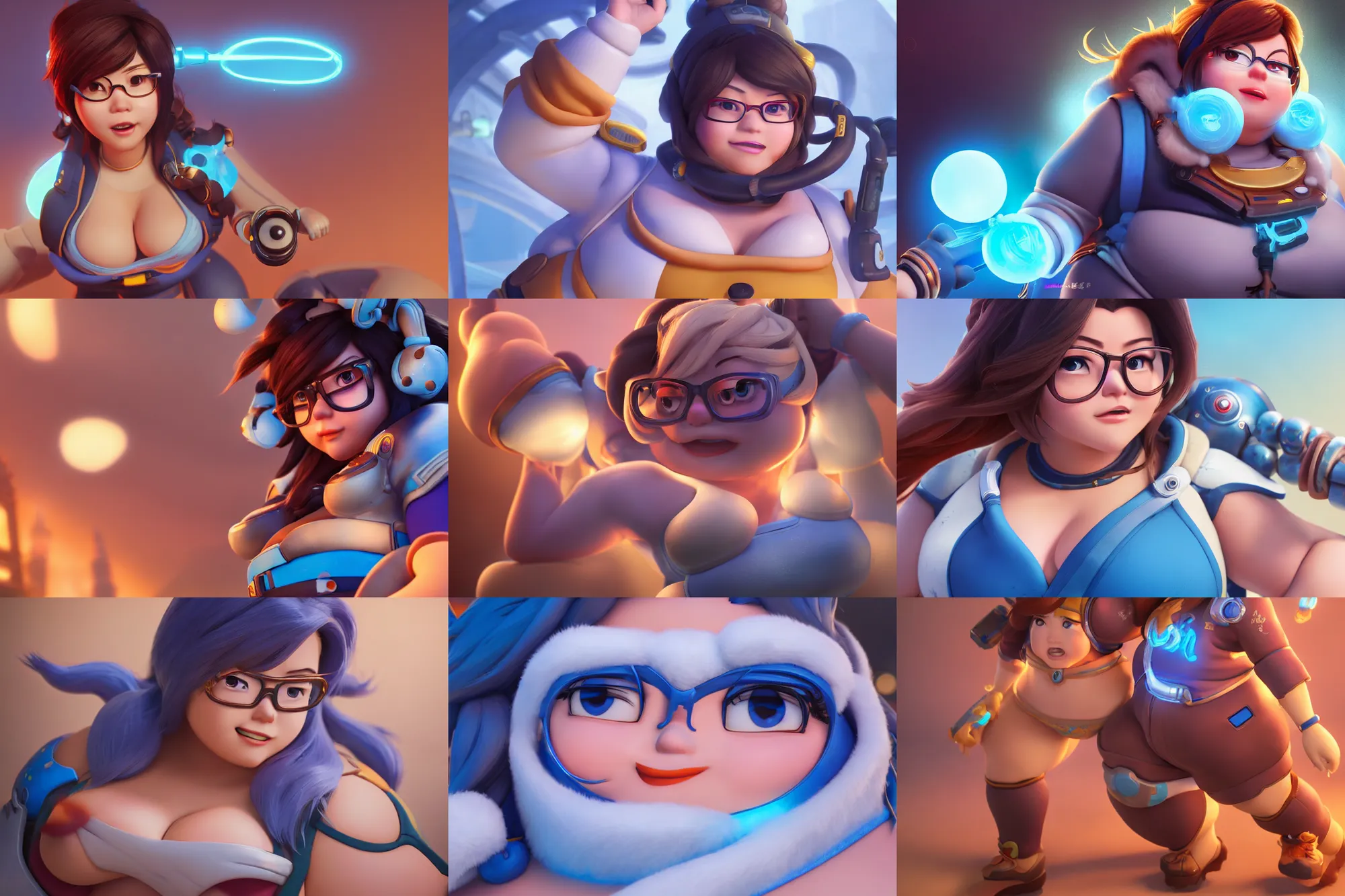 Prompt: hyperdetailed mei from overwatch as a disney pixar character, hd texture, beautiful 3D render, 8k, octane render, soft lighting, hyperrealistic, in the city, sharp focus, golden hour, specularity, Mei-Ling Zhou, chubby