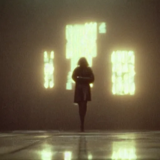 Image similar to cinematic portrait of a runaway replicant with tribal facepaint and a plastic raincoat in an empty room, still from the movie bladerunner