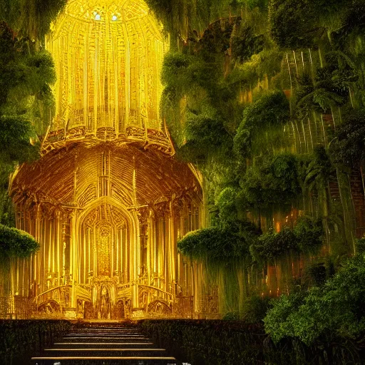 Image similar to a golden cathedral in the middle of a rain forrest, moss, moist, symmetry, octane, soft render, intricate, blender art, the golden ratio, mysticism, cinematic, concept art