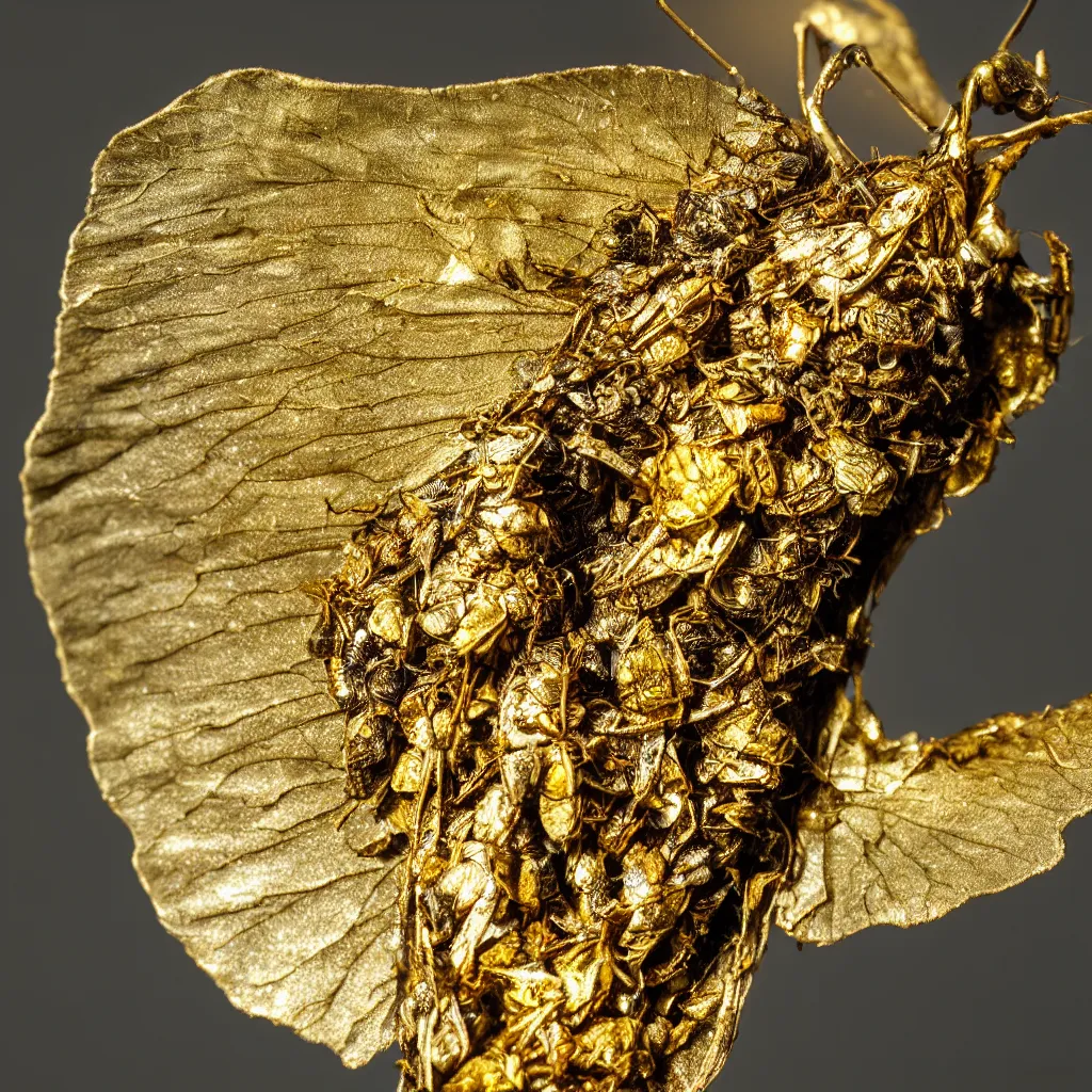 Prompt: cicada shedding gold leaf, white background, artistic studio photography, dramatic macro photography, high contrast, back lighting