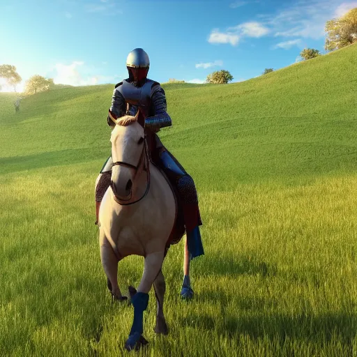 Prompt: knight riding a horse in a field, full 8 k highly detailed unreal engine 5 render