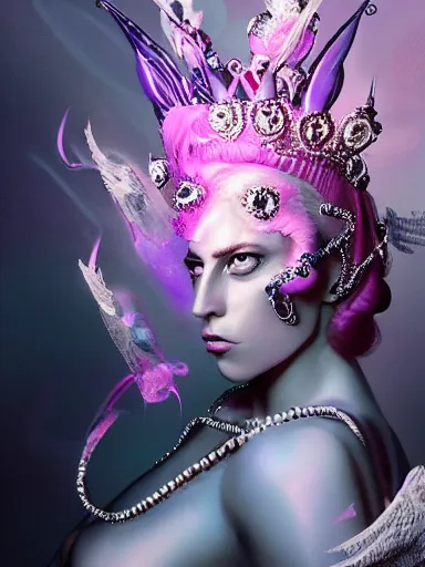 Image similar to pink portrait of beautiful female angel queen Lady Gaga head wearing shiny pink crown, subtle purple accents, hyper details, black metal rococo, sculpted by Alex Alice, Craig Mullins, yoji shinkawa, trending on artstation, beautifully lit, Peter mohrbacher, hyper detailed, insane details, intricate, elite, elegant, luxury, ray of light through smoke, CGsociety, hypermaximalist, blackpink, golden ratio, volumetric, octane render, weta digital, micro details, 3d sculpture