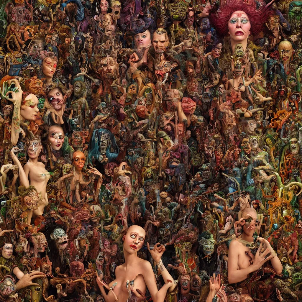 Image similar to 35mm color, humans enslaved by artificial intelligence, portrait, fashion shoot, freak show, weird, random, strange, hyperdetailed, photorealistic, interesting, by David la chapelle and karol bak and david cronenberg and WETA digital, art by Ivan Bilibin, Dariusz Zawadzki , ID magazine, octane rendering, cinematic, hyperrealism, octane rendering, 8k, depth of field, bokeh.