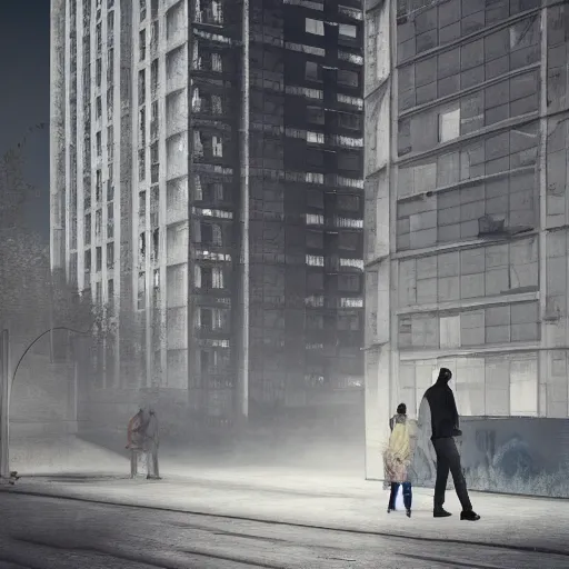 Prompt: A white translucent transparent ghost on a night street, Soviet town, mass housing, Soviet five-story panel buildings, brutal concrete architecture, lush vegetation, foggy, post-processing, in the style of Hugh Ferriss, Behance, Artgerm. High detail, ultra realistic render, octane, 3D, photorealism, symmetric, cinematic