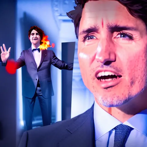 Prompt: a still of Justin Trudeau breathing fire at Obama . He's wearing a suit, dark. Studio lighting, shallow depth of field. Professional photography City at night in background, lights, colors,4K