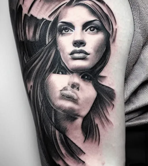 Image similar to tattoo design sketch of an extremely beautiful woman face next to a faded background of beautiful mountains on her side, hyper - realistic, double exposure effect, in the style of matteo pasqualin, amazing detail, black and white, faded