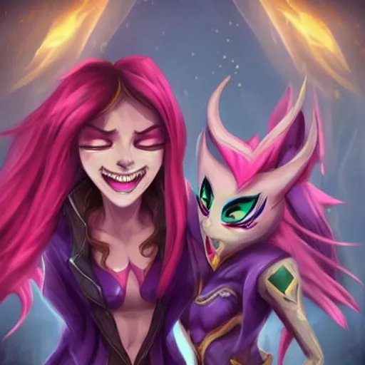 Image similar to league of legends, xayah and kai'sa as best friends, funny, flirty, smiling, playing, photo