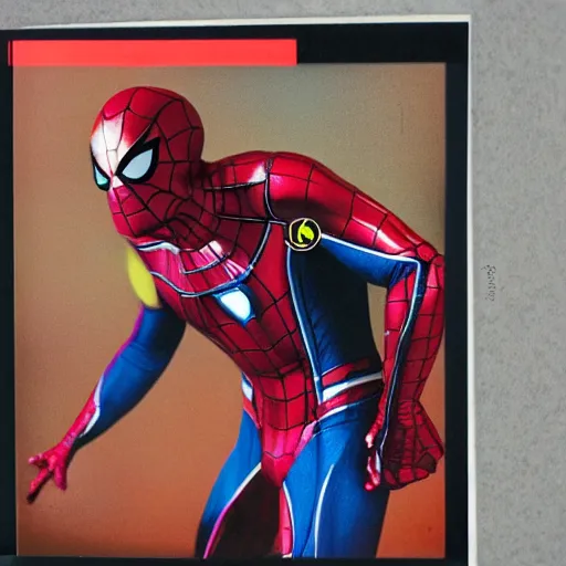 Image similar to a single iron man and spider - man hybrid, dslr, polaroid