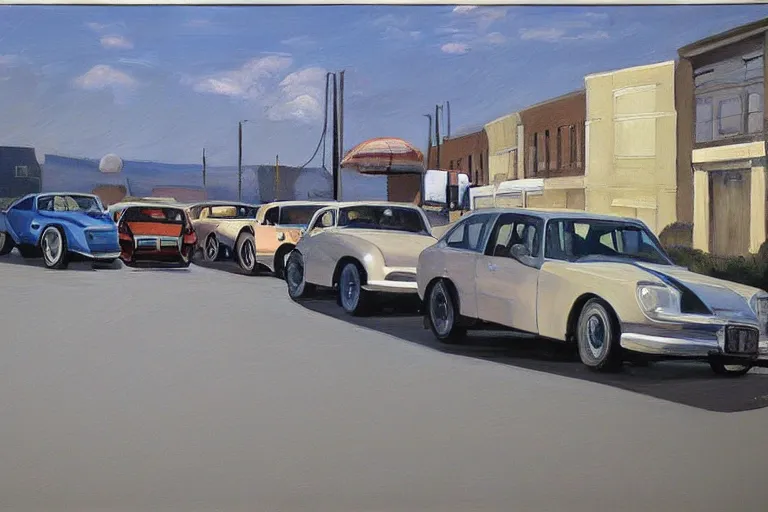 Prompt: hyperrealistic painting of intersecting cars hovering midair by Mary Pratt