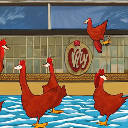 Prompt: five geese attacking a wendys resturant demanding chicken nuggets, digital art, sharp, realistic