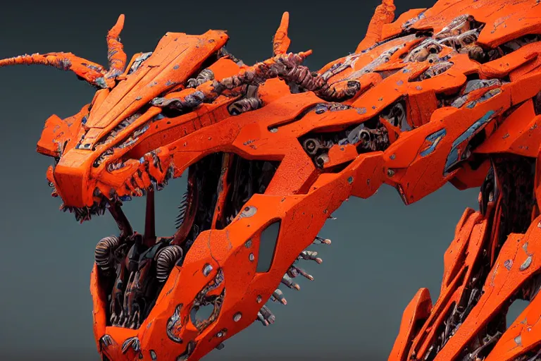 Prompt: a hyper detailed orange fanghorn evangelion realistic mechanical and organic creature similar look as horizon forbidden west horizon zero dawn, bioluminiscence in a dark deep forest at dawn in spring, with reflection and textures, by kilian eng, substance painter reaslitic mech surface metal painted scratches,