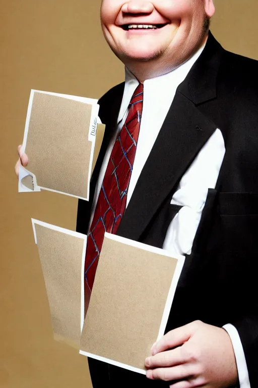 Image similar to andy richter wearing a brown suit and necktie, ultra hd photo, 3 5 mm close up, fish eye, realistic, smiling, holding a postcard from chicago,