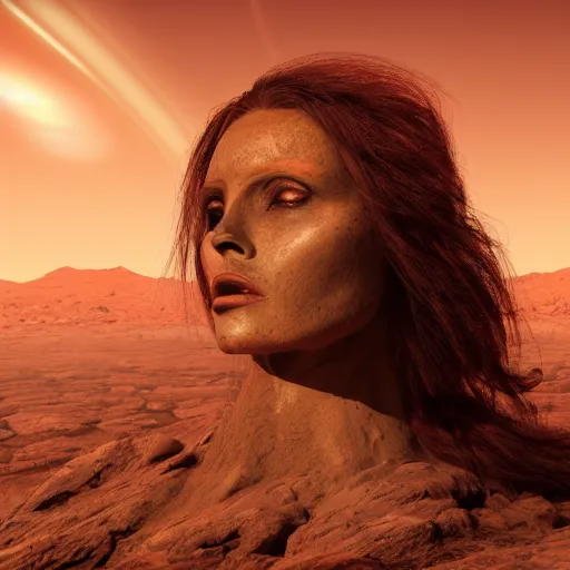 Image similar to Still of a Martian woman with gorgeous flowing hair on Mars, sitting on a Martian rock, photorealistic facial features, reddish atmosphere with detailed highlights, dark gloomy sky cascading upon the atmosphere, well-detailed ornate Martian mountains in the background, trending on artstation, 4k, 8k