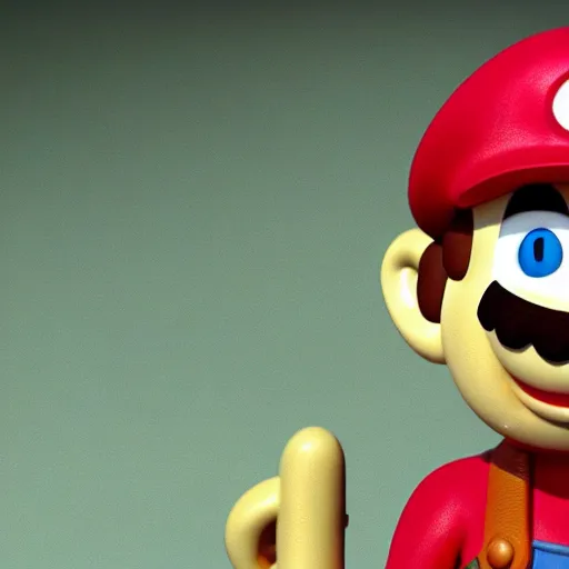 Image similar to Close up photo of ((Mario)) in a still from a Wallace and Gromit stopmotion animation, plasticine models, British stopmotion, high quality, a bit desaturated colors, art by Aardman Animations, 4k