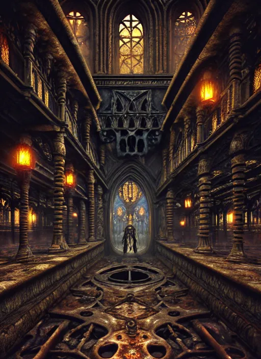 Image similar to steam necropolis, memento mori, gothic, neo - gothic, art nouveau, hyperdetailed copper patina medieval icon, stefan morrell, philippe druillet, ralph mcquarrie, concept art, steampunk, unreal engine, detailed intricate environment, octane render, moody atmospherics, volumetric lighting, ultrasharp, ominous, otherworldly