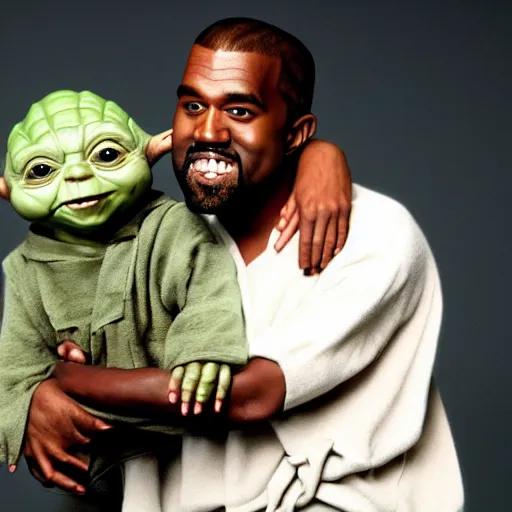 Image similar to kanye west smiling and holding yoda yoda for a 1 9 9 0 s sitcom tv show, studio photograph, portrait