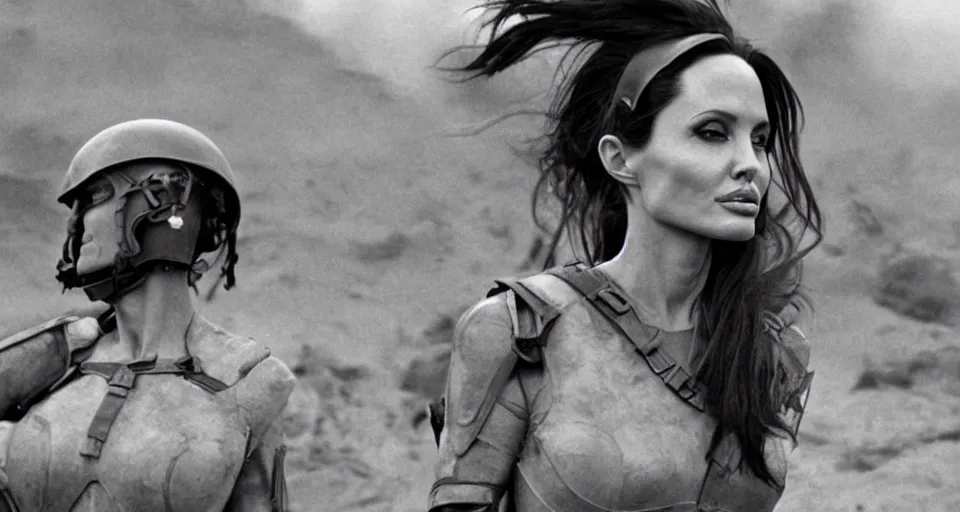 Image similar to cinematic shot of angelina jolie in a beautiful female body armor during d - day, movie still