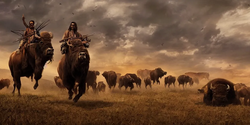 Image similar to indian on one wheel, bison herd, chase scene, epic composition, dramatic lighting, cinematic, establishing shot, extremely high detail, photorealistic, cinematic lighting, artstation, octane render, old photo, buffalo hunt movie, alpha movie, western, ultra sharp, clean symmetrical faces, high detail, intricate,hypermaximalist,hyper realism