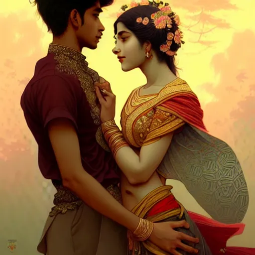 Prompt: portrait of beautiful young bengali romantic couple fantasy, intricate and very very beautiful and elegant, highly detailed, digital painting, artstation, concept art, smooth and sharp focus, illustration, art by tan zi and ayanamikodon and alphonse mucha and wlop