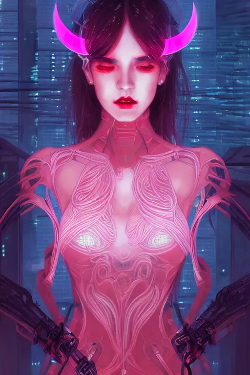 Image similar to portrait futuristic Devil Girl, in future cyberpunk tokyo rooftop , ssci-fi, fantasy, intricate, very very beautiful, elegant, human anatomy, neon light, highly detailed, digital painting, artstation, concept art, smooth, sharp focus, illustration, art by tian zi and WLOP and alphonse mucha