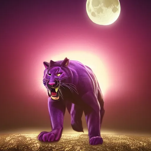 Prompt: render of a large purple panther at night roaring at night. moon in background digital drawing, illustration, 4 k, highly detailed, matte painting, artstation, artistic, realistic, dramatic, dark.
