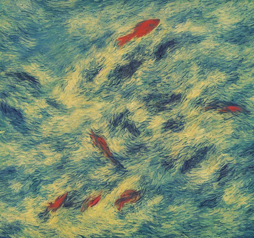 Prompt: An aesthetically pleasing, dynamic, energetic, lively, well-designed digital art of fish in the ocean viewed from underwater, nature cinematography, light and shadow, chiaroscuro, by Claude Monet and Vincent Van Gogh, superior quality, masterpiece, excellent use of negative space. 8K, superior detail, widescreen.