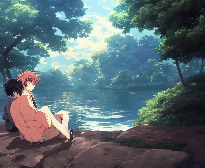 Image similar to anime key visual of a young man anime and young woman anime sitting together on one single boat. Romantic. Girl has auburn hair. Boy has short black hair. Narrow river in a forest, rocky shore, trees, shady, blue waters, ripples, waves, reflections, details, sharp focus, illustration, by Jordan Grimmer and greg rutkowski, Trending artstation, pixiv, digital art