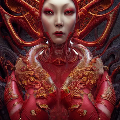 Image similar to The red alien lady, intricated traditional Chinese textures, rococo decorations, hyper detail, Unreal engine,Octane render, by Karol Bak