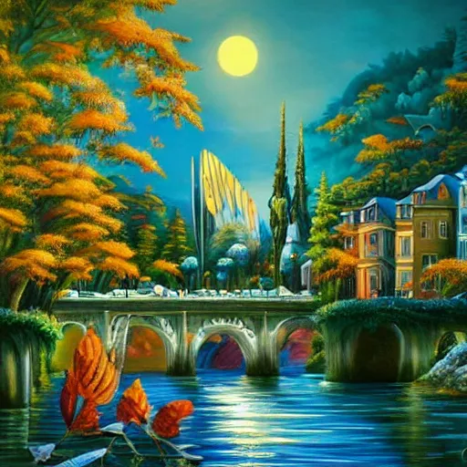 Image similar to Beautiful city of the future in harmony with nature. Nice colour scheme, cool. Beautiful detailed painting by Lurid. (2022)