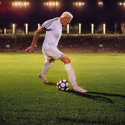 Image similar to joe biden playing soccer, professional sports photography, cinematic lighting