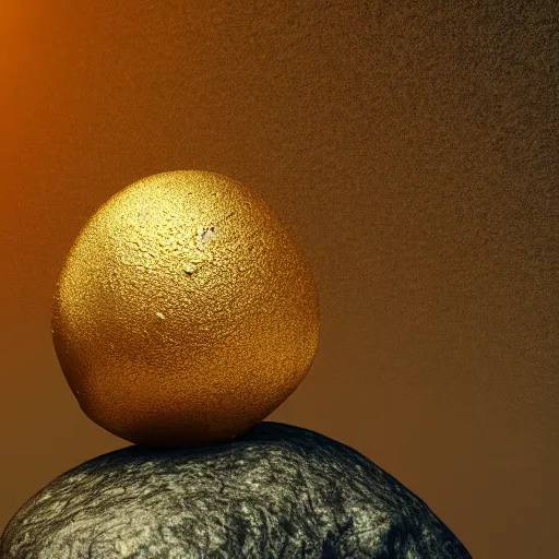 Prompt: a golden rock on top of a pile of normal rocks, octane render, dramatic lighting