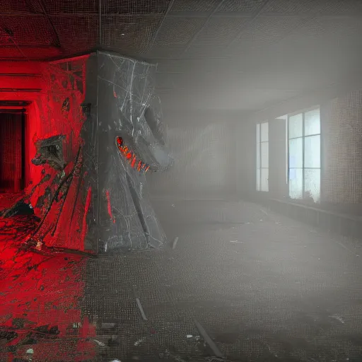 Image similar to cctv of an extremely dark empty abandoned building with glowing humanoid cryptid made out of television static, dark deep black shadows, red and black color contrast in the style of trevor henderson and james ensor goya, liminal space, 3 d octane render, glitch effect