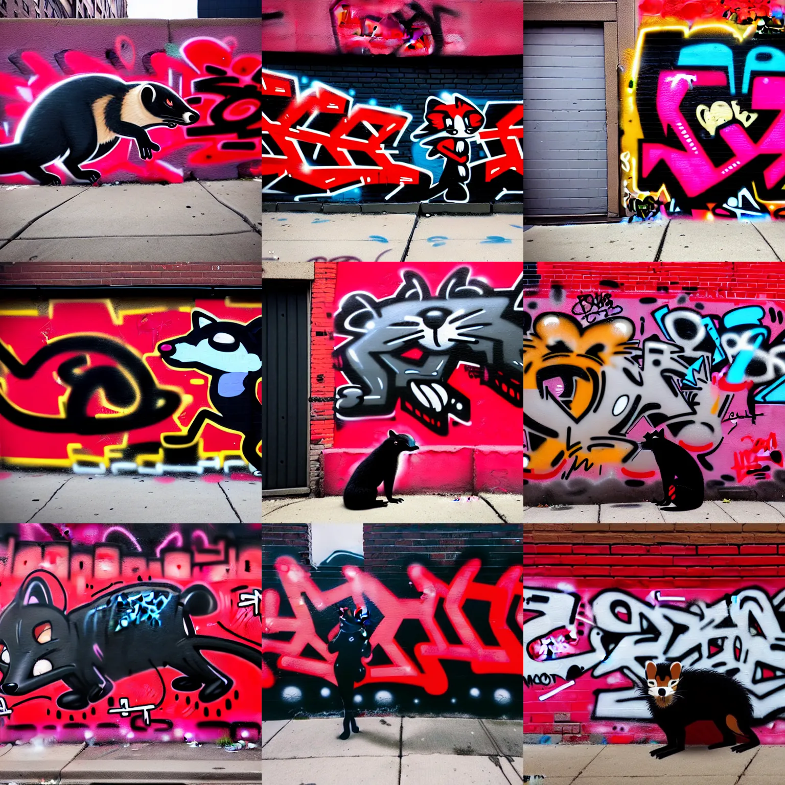 Prompt: photo [ far ], subject [ furry _ fandom _ fursona ( red - and - black _ fur, stoat - weasel - ferret ) ], medium [ graffiti, wall ], location [ chicago ( alley ) ]