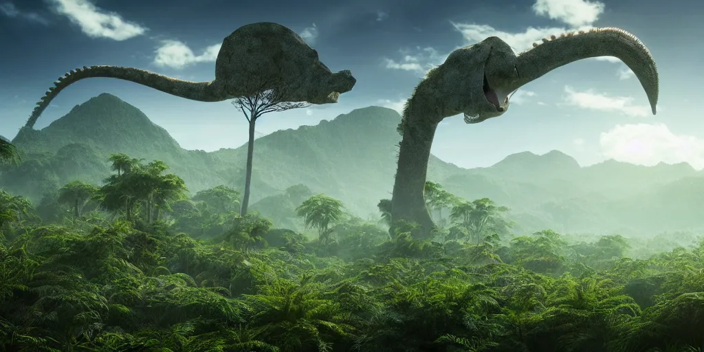 Image similar to a distant prehistoric fern jungle, a distant sauropod head in the background, mountains, clouds, volumetric lighting, hazy, washed out, an award winning digital render, beautiful, ultradetailed, hyperrealistic, great composition