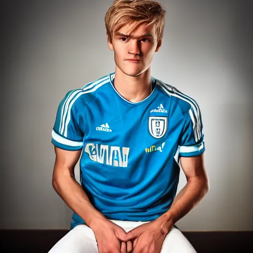 Prompt: a realistic detailed photo of a guy who is an attractive humanoid who is half robot and half humanoid, who is a male android, soccer player martin ødegaard, shiny skin, posing like a statue, blank stare, in a living room, on display, showing off his muscles