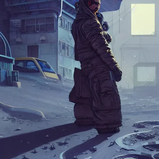 Image similar to A portrait of a cyberpunk thug on the street of Soviet sleeping quarters on the moon, Norilsk, sci-fi, fantasy, intricate, very very beautiful, elegant, highly detailed, digital painting, artstation, concept art, smooth, sharp focus, illustration, art by artgerm and greg rutkowski and alphonse mucha