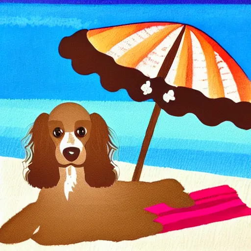 Image similar to two cute brown spaniel a by the seaside, parasols, bright towels, geometric, pop, deco, sketch, artwork