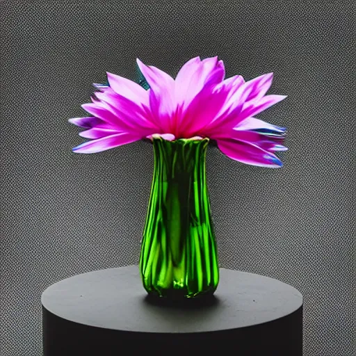 Image similar to An ultra high definition studio photograph of an alien flower in a simple vase on a plinth. The flower is multicoloured iridescent. High contrast, key light, 70mm.