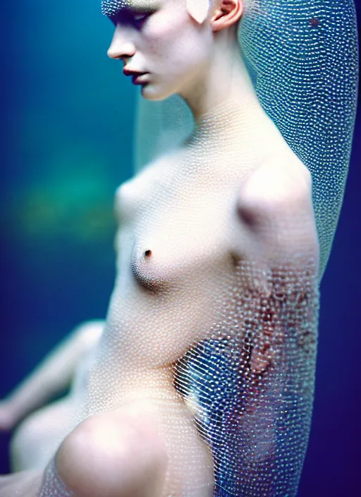 Image similar to kodak portra 4 0 0 photo portrait of a beautiful sirens floating in a crystal tank in style of tim walker, amphibian skin dress intricate detailed scales, 5 0 mm lens, f 2. 4, elegant, highly detailed, sharp focus, ethereal, out worldly colours, emotionally evoking, head in focus, soft blur light dreamy underwater, volumetric lighting, epic fantasy