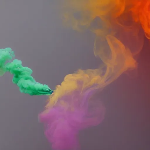 Prompt: multi color smoke, one smoke is the shape of a small ( outstretched ribbed wings and head of an ancient dragon ), billowy, hdr, 8 k, 4 k