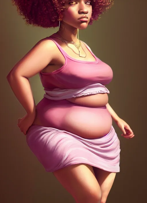 Image similar to full body portrait, teenage vanessa morgan, pink hair, brown skin, obese, curly pixie hair, sultry, realistic, short hair, hoop earrings, skirt, shirt, fat, belly, intricate, elegant, highly detailed, digital painting, artstation, concept art, smooth, sharp focus, illustration, art by wlop, mars ravelo and greg rutkowski