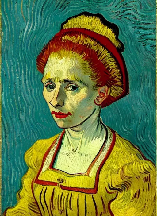 Image similar to portrait of young woman in renaissance dress and renaissance headdress, art by vincent van gogh